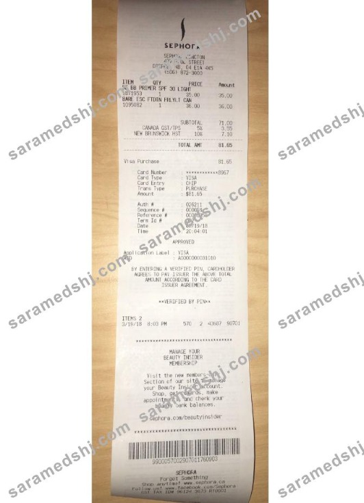 Sephora payment receipt